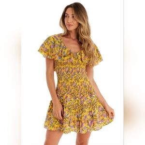 NWT Allison‎ New York Aviva Floral Yellow and Purple Ruched Ruffle Mini Dress